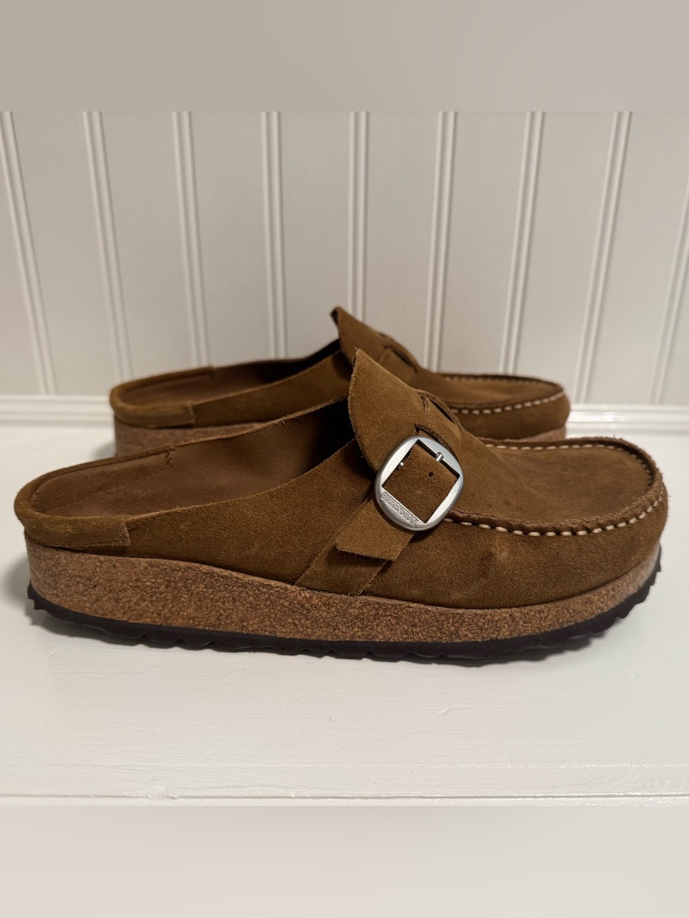 Women’s Birkenstock Buckley Suede Slip-On Shoes in Tea color